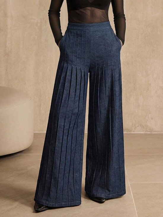 Pants - Blue Casual Women's Elegant Pleated Wide Leg Pants